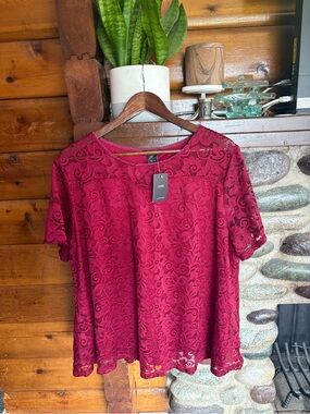 NWT Leebe Burgundy Lace Blouse 3X | Romantic Floral Lace Top | NWT